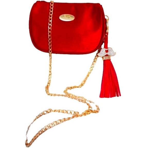 DIOR CROSSBODY Purse 6.5x4 Red Satin Beaute bag added Crystal Tassel Gold Chain - Picture 1 of 16